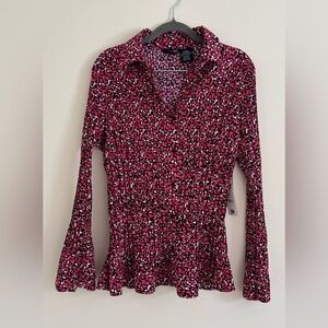 East 5th Womens Pink Black Abstract Print Top Petite XL Flare Pintucked Work